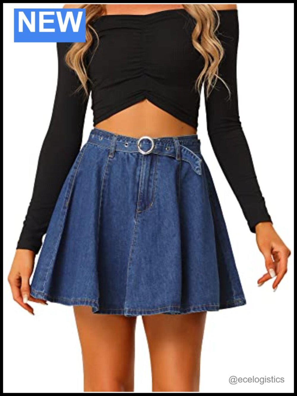 High Waist A-Line Flared Mini Jean Skirt with Belt